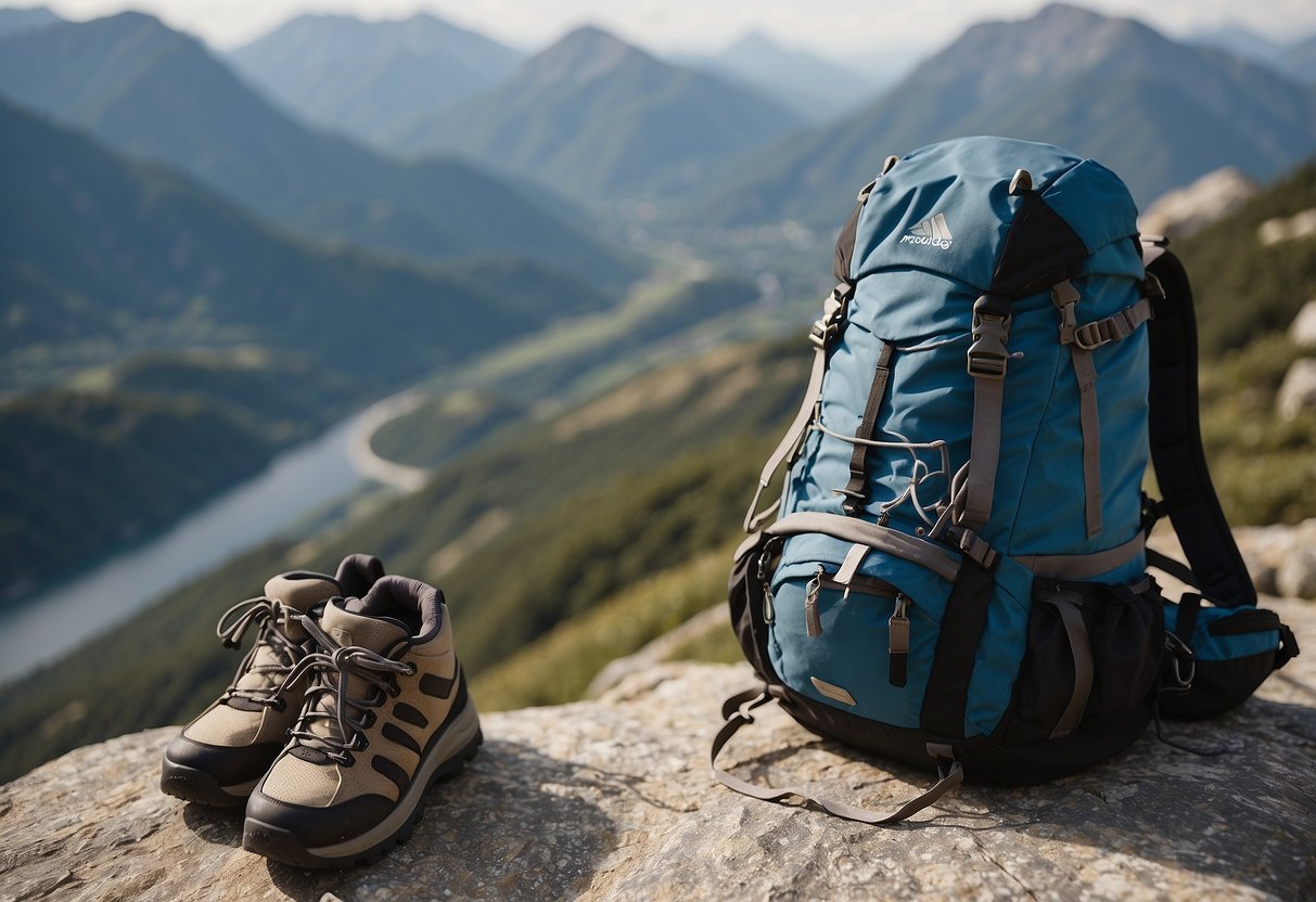 A backpack, water bottle, rope, and climbing shoes laid out on a rocky ledge with a mountain range in the background