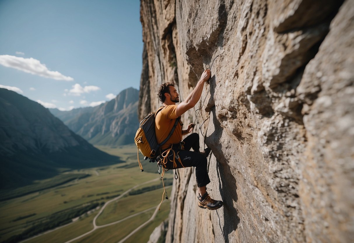 A climber uses eco-friendly chalk in a remote area, surrounded by rugged terrain and towering cliffs