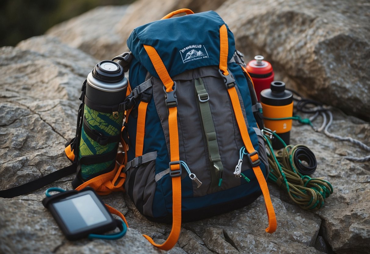 A backpack with climbing ropes, carabiners, and harnesses laid out on a rocky ledge. A map and compass sit nearby, with a water bottle and energy bars