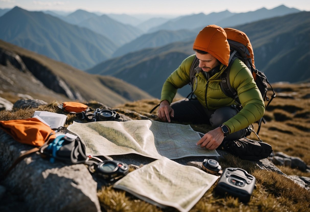 A climber packs gear, checks map, and studies terrain before ascending remote mountain