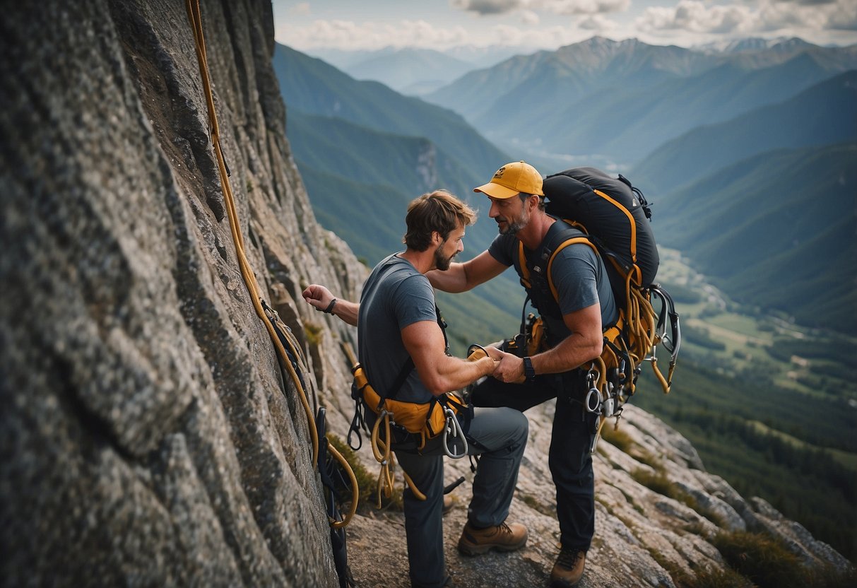 A climber secures a rope to a sturdy anchor, while another checks their safety harness. They are surrounded by rugged terrain and distant mountains, emphasizing the remote and challenging nature of their climb