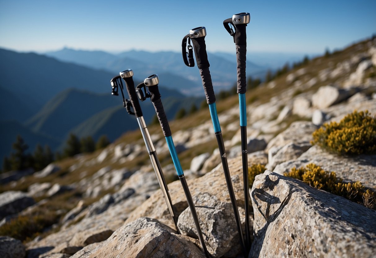 A group of lightweight climbing poles arranged on a rocky mountain trail, with a clear blue sky and distant peaks in the background