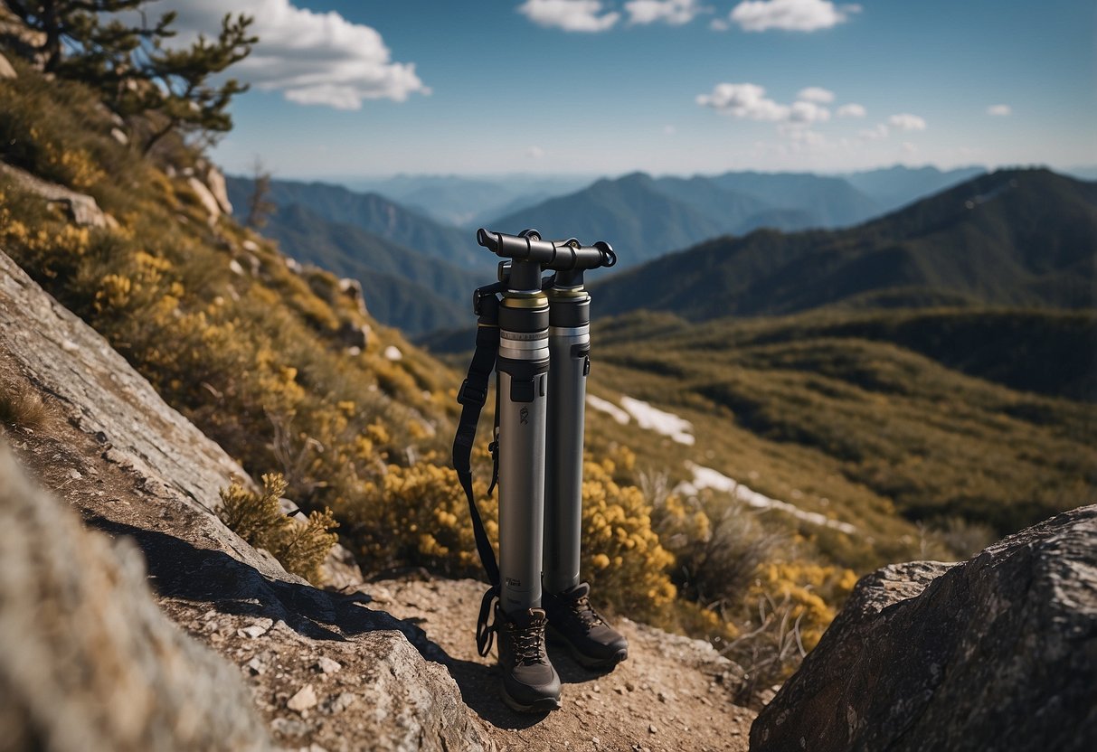 A rugged mountain trail with a clear sky, showcasing the Helinox Passport TL115 lightweight climbing poles in action