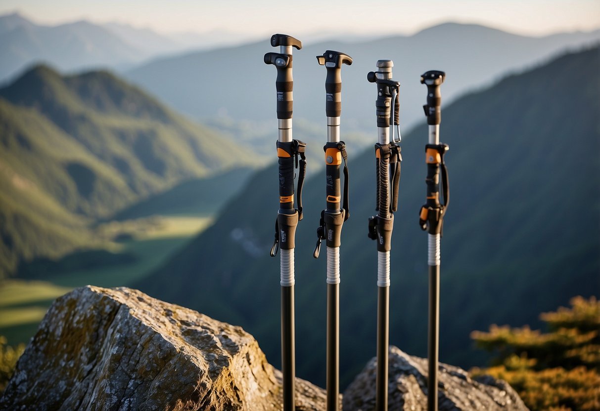 Five lightweight climbing poles arranged in a row, with various terrain in the background. Each pole is shown in detail, highlighting its features and benefits