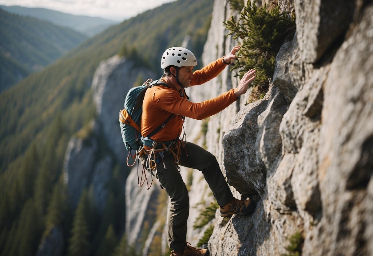 A climber ascends a rocky cliff, leaving no trace. They connect with nature through mindful movement and respect for the environment