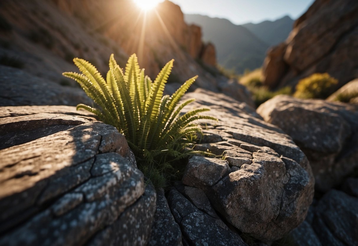 Rock formations jut out from the earth, creating a challenging terrain for climbers. The sun casts dramatic shadows on the rugged surface, while vibrant plant life clings to the cracks and crevices