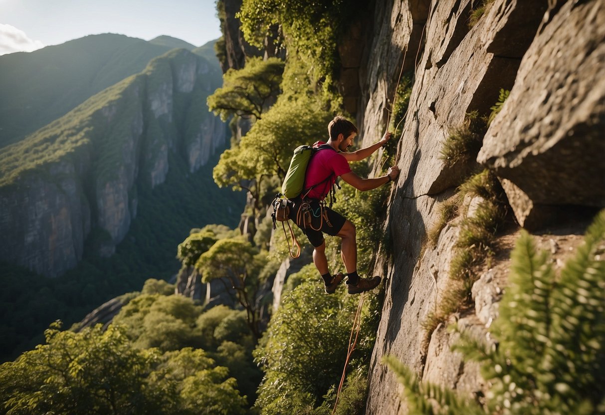 A climber scales a rugged rock face, surrounded by lush greenery and towering cliffs. The sun casts a warm glow on the scene, creating a sense of adventure and connection with nature