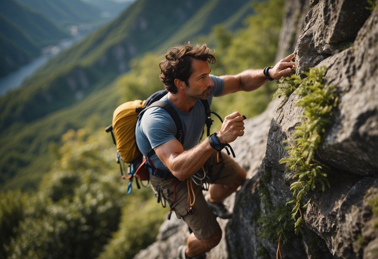 A rock climber scales a rugged cliff, surrounded by lush greenery and diverse wildlife, connecting with nature through the physical challenge and natural beauty