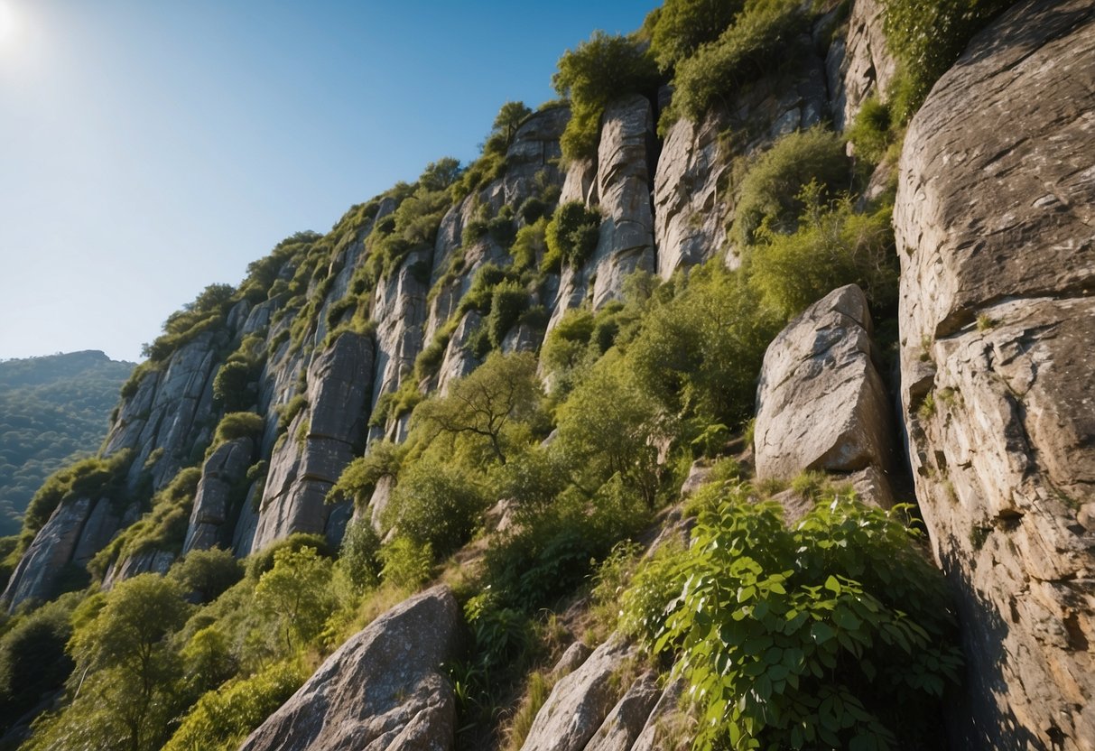 A rocky cliff face with various handholds and footholds, surrounded by lush greenery and a clear blue sky