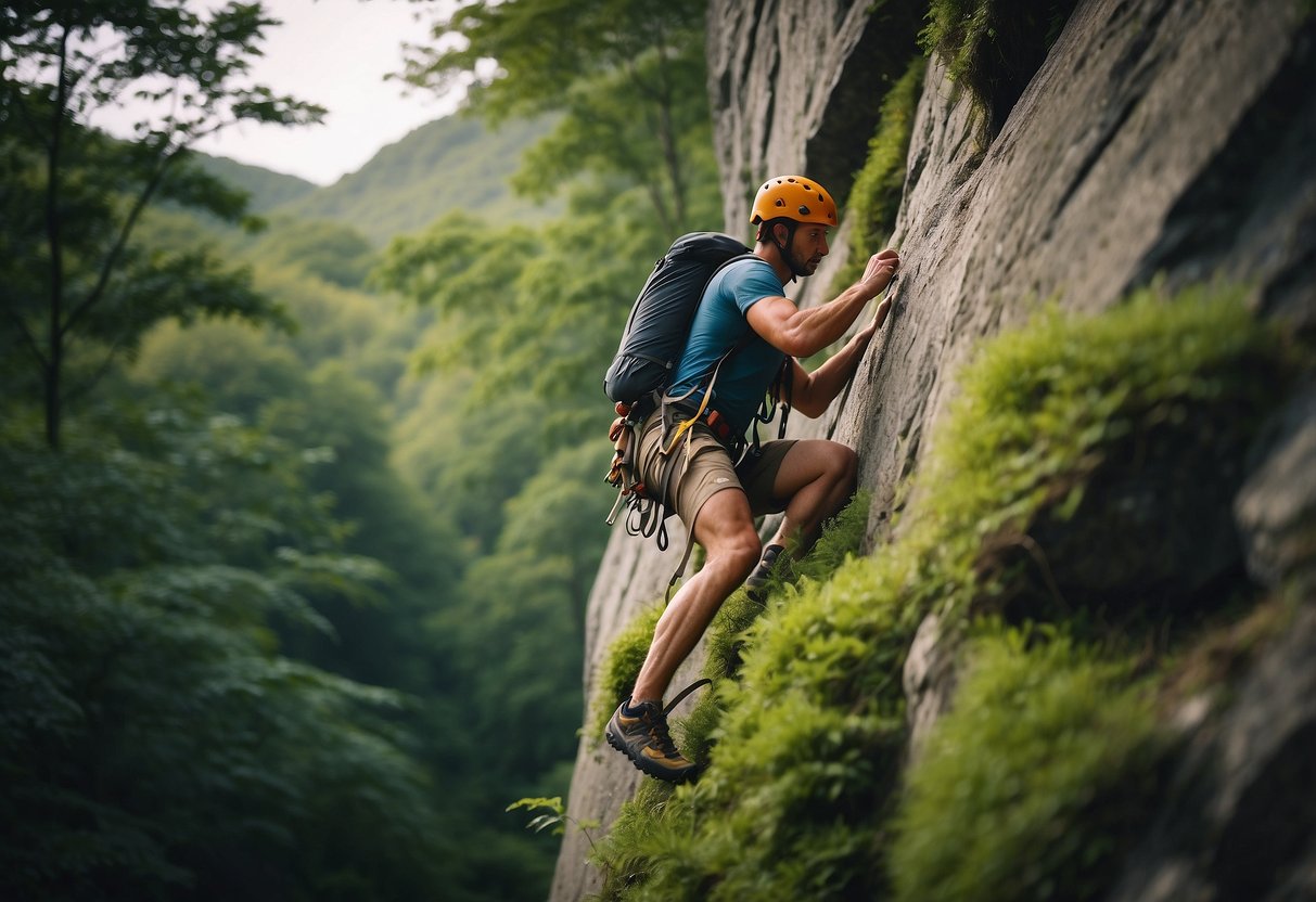 A climber scales a rocky cliff, using sustainable gear and connecting with nature, surrounded by lush greenery and wildlife