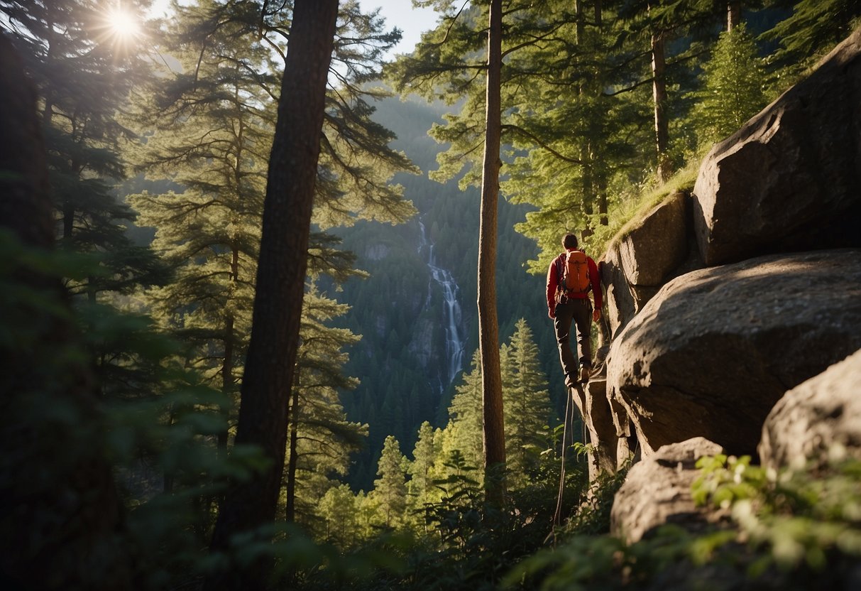 A climber scaling a rugged cliff, surrounded by lush greenery and towering trees. A campsite below, with a crackling fire and a cozy tent nestled in the wilderness