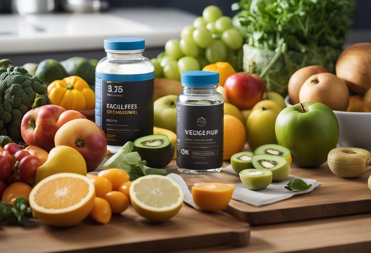 A colorful array of fruits, vegetables, and supplements displayed on a kitchen counter, with a bottle of vitamins and a glass of water nearby