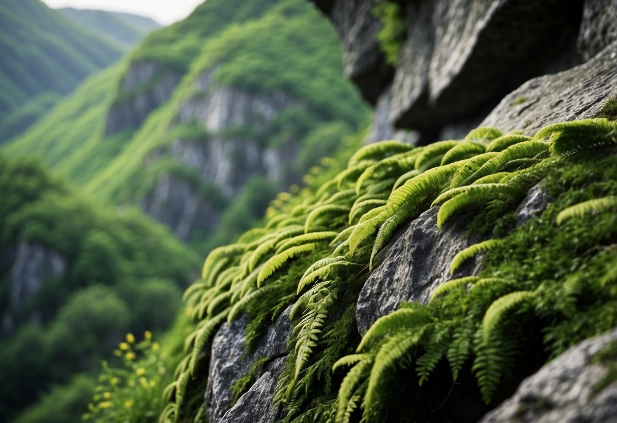 Lush green plants cling to the rugged rock face, their leaves swaying gently in the breeze. A variety of flora, from delicate mosses to sturdy ferns, create a vibrant tapestry against the natural stone backdrop