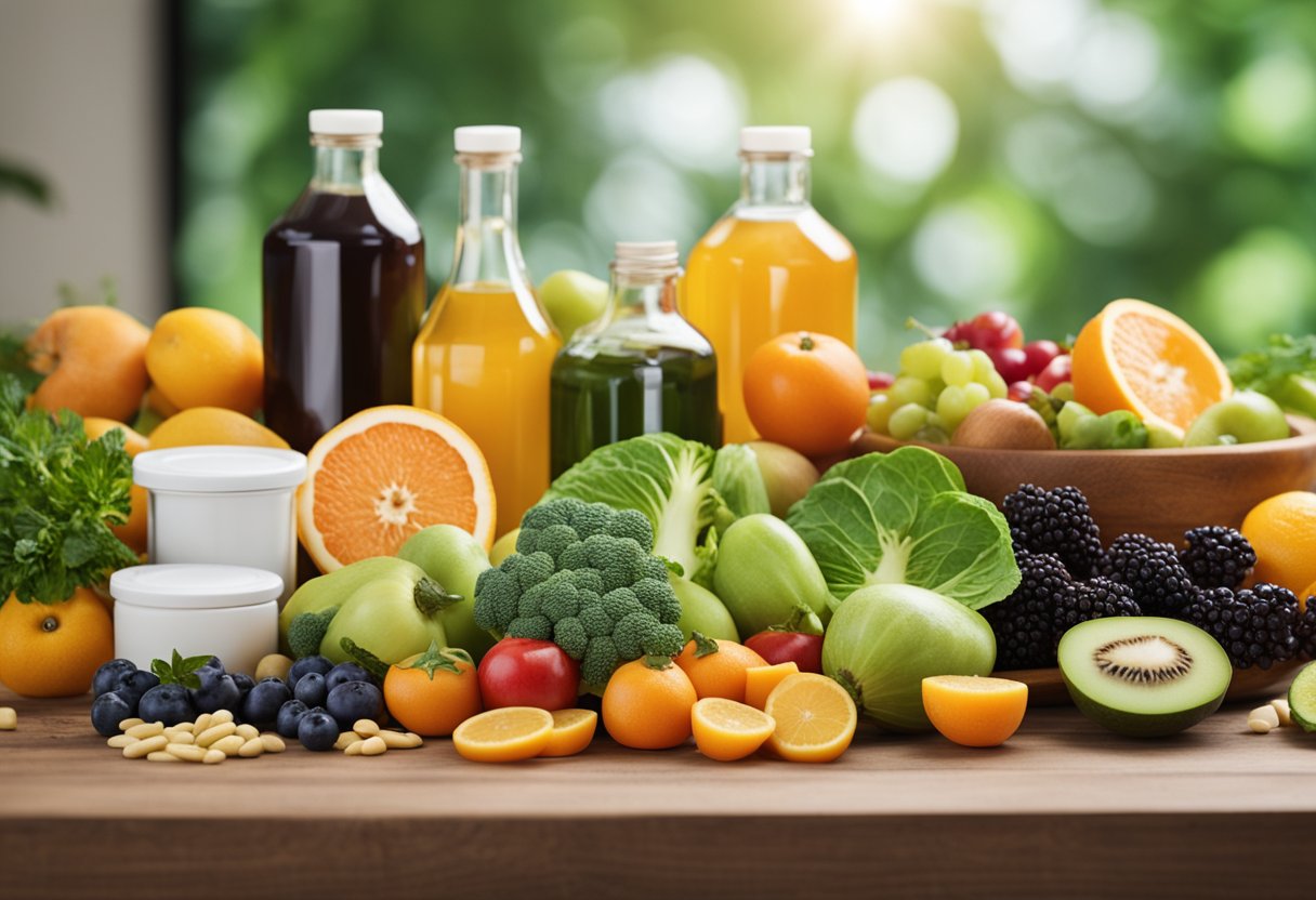 A table with various fruits, vegetables, and supplements. A sign reads "Low Immunity Signs and How to Improve Immunity: Best Vitamins."