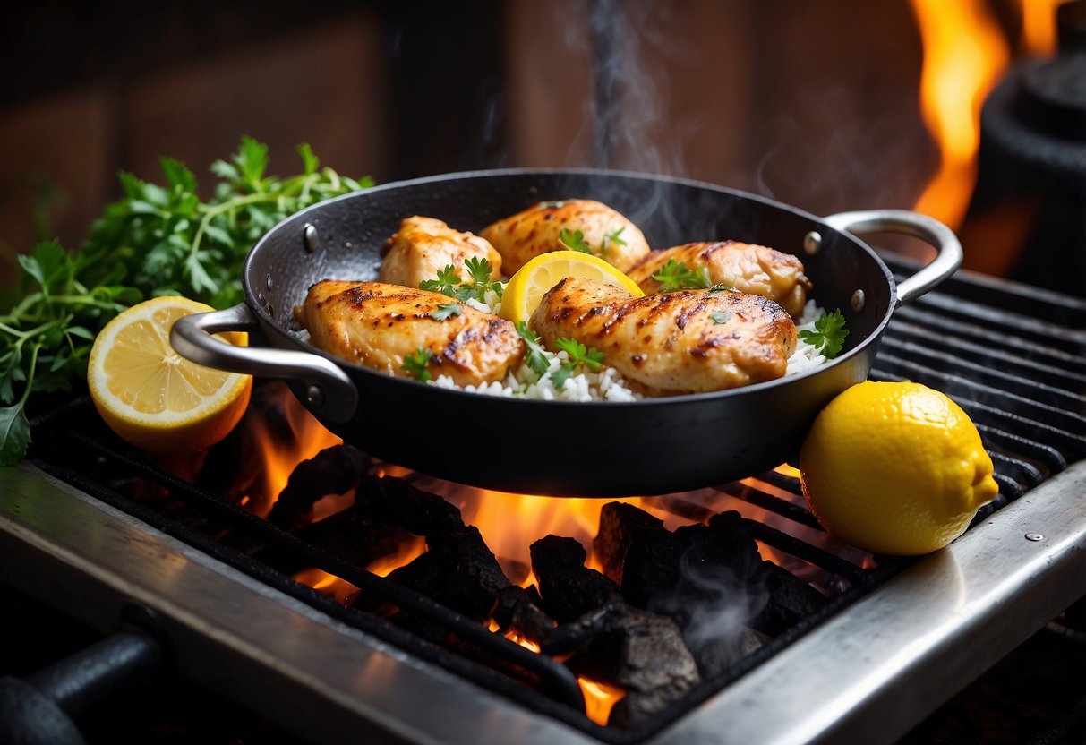 A sizzling skillet of Lemon Chicken sizzling on a grill, surrounded by fresh lemons and herbs, with a steaming pot of rice in the background