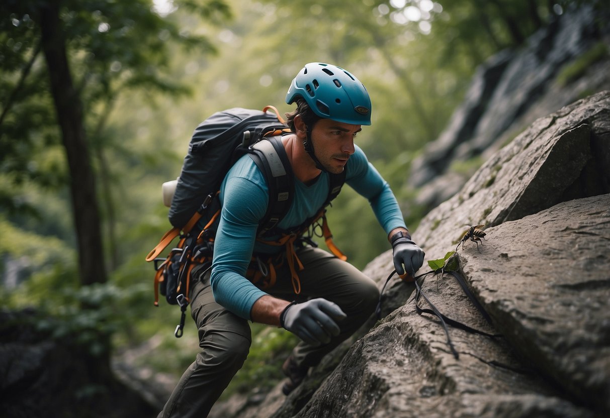 Climber navigating rocky terrain, fending off insects. Bug spray and long sleeves protect against bites. Helmet and harness visible