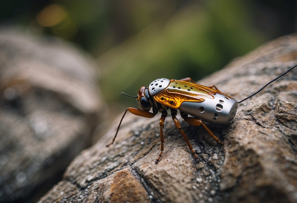 A climber sprays DEET-based insect repellent on gear, surrounded by climbing equipment and natural rock formations