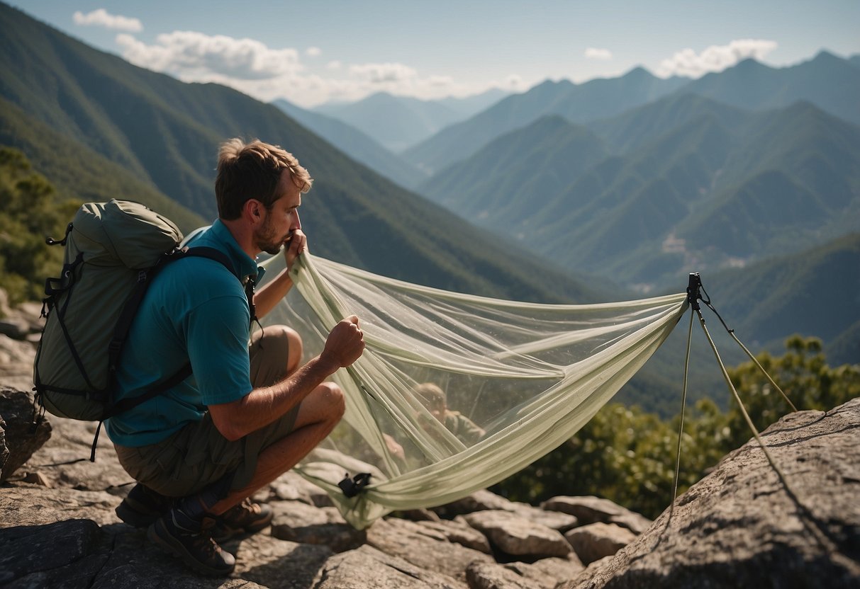 A climber sets up a portable mosquito net in a rocky, mountainous terrain. Insects buzz around as the net provides protection