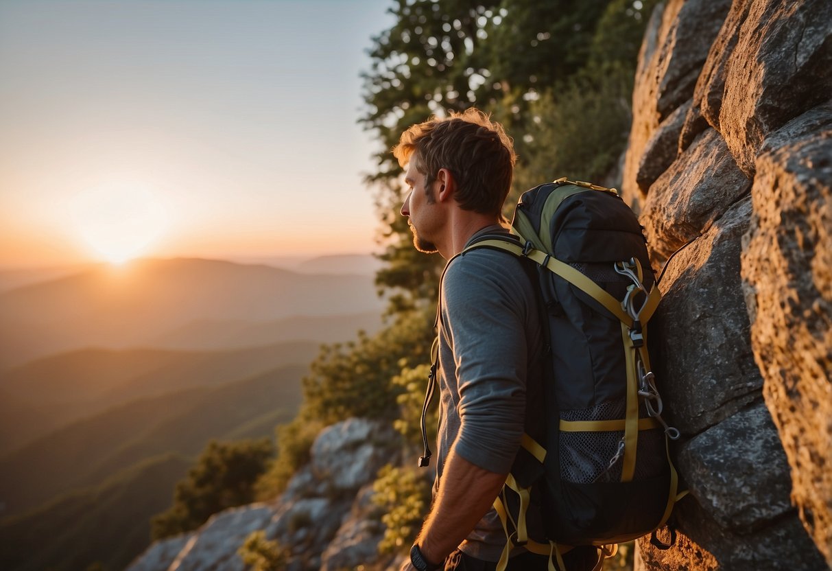 Climber at sunset, surrounded by insects. Bug spray and netting in backpack. Rocks and climbing gear visible