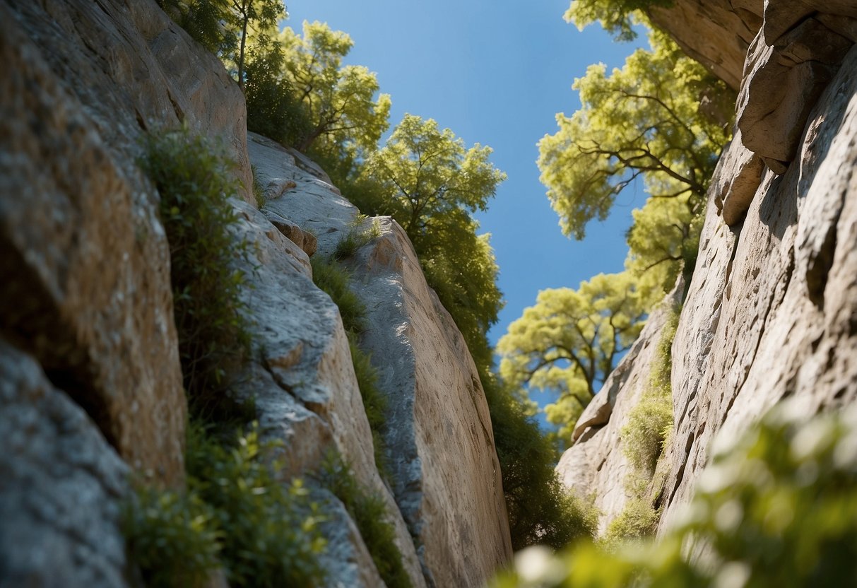 Climbing routes with no bugs. Rock face with clear, insect-free holds. Blue sky and green foliage in the background