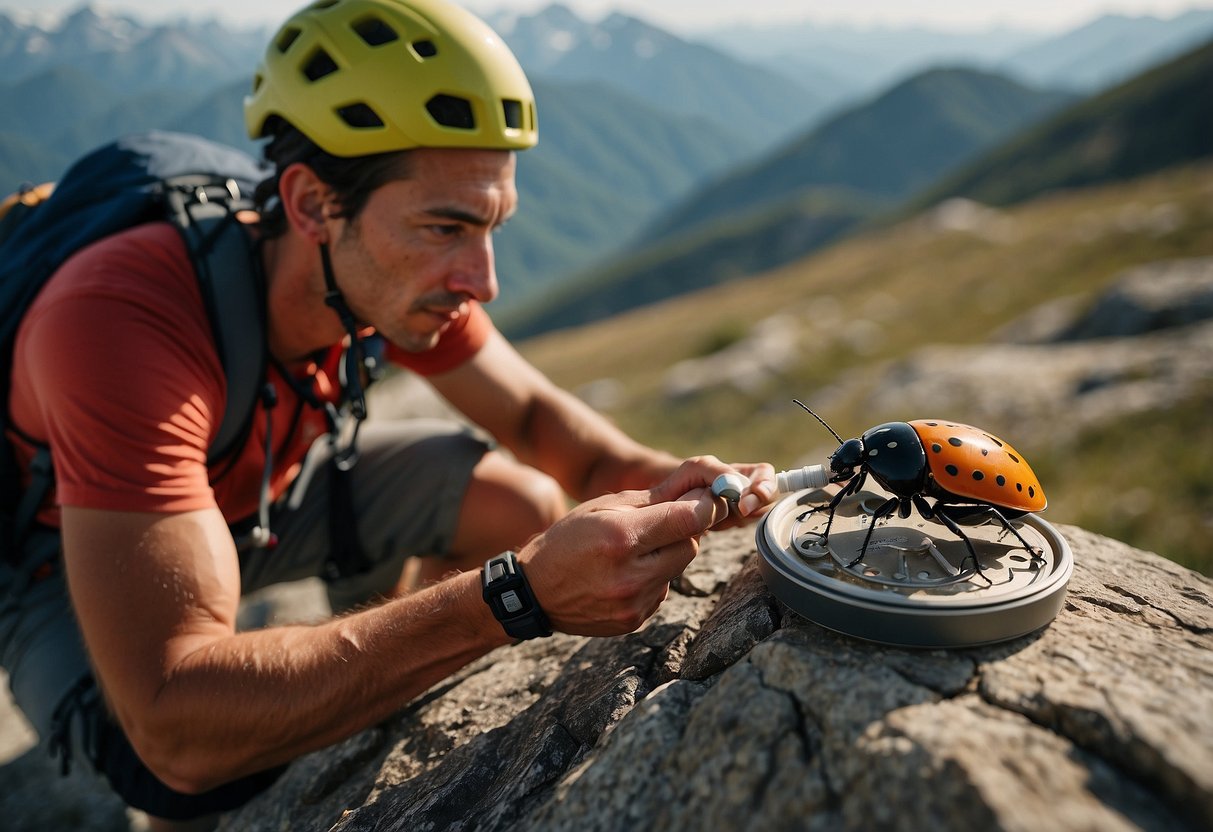 A climber applies anti-itch cream to a bug bite while surrounded by climbing gear and a scenic mountain backdrop