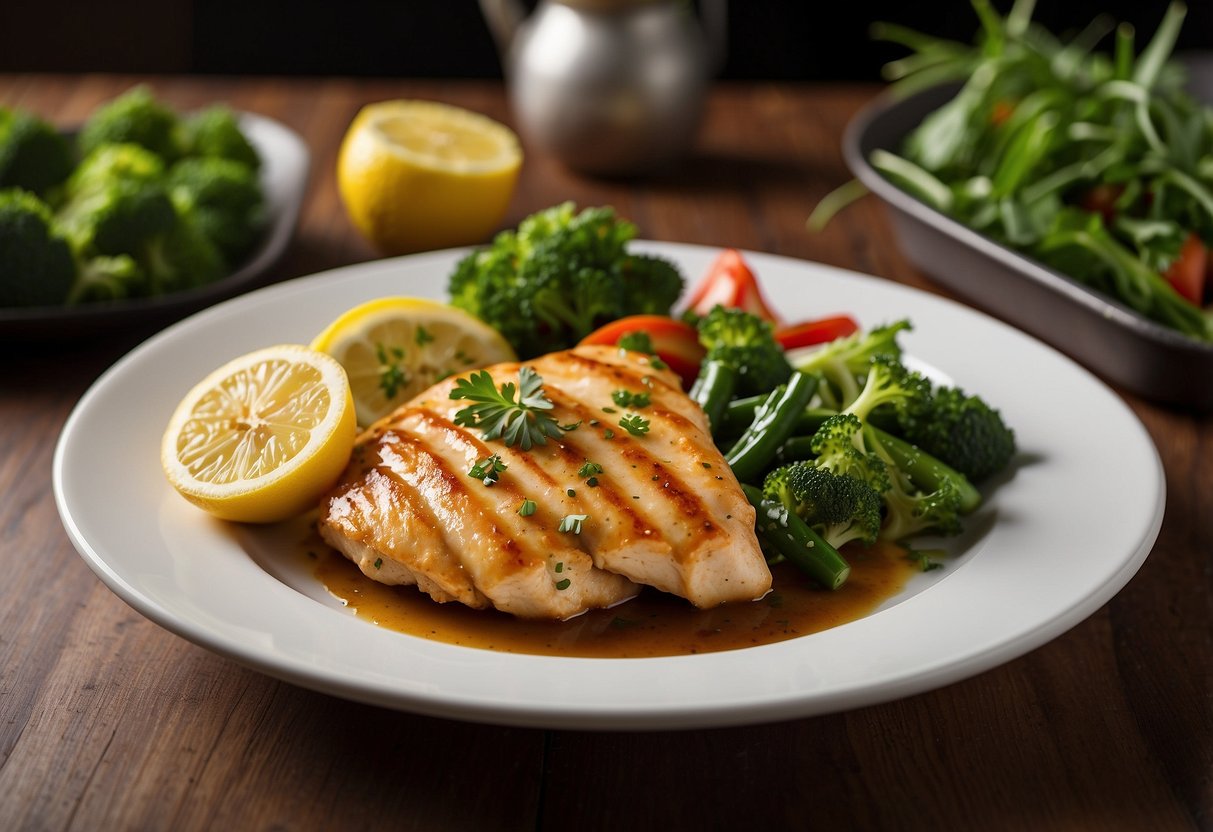 A sizzling skillet of lemon chicken with a side of steamed vegetables and a garnish of fresh herbs, served on a white plate with the Applebee's logo