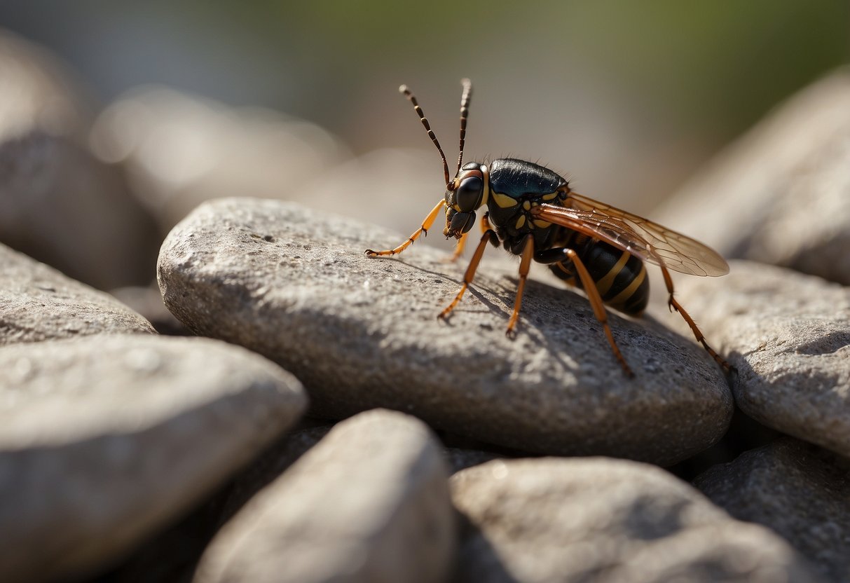 Insects crawl on rocks, attracted to moisture and warmth. They may gather near plants or cracks in the rock. Some insects may fly around the climber's head