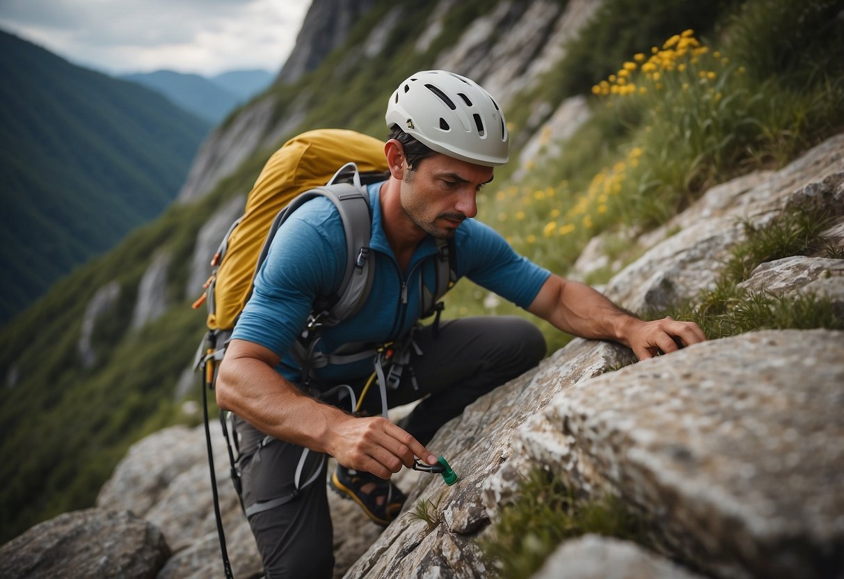 A climber carefully inspects their gear for signs of insects before ascending a rocky cliff. A mosquito net hangs from their backpack, and they spray bug repellent on their clothing