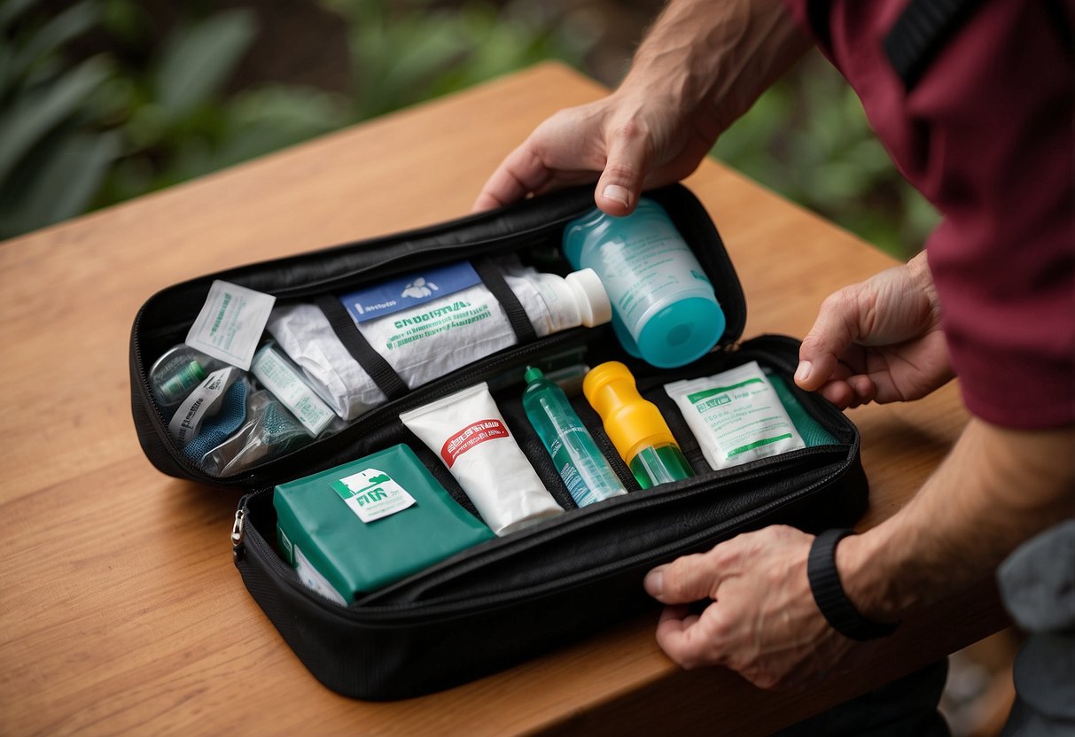 A climber unpacks a compact first aid kit, with essential supplies neatly organized in a durable, lightweight case. The kit includes bandages, antiseptic wipes, and other necessities for on-the-go medical care