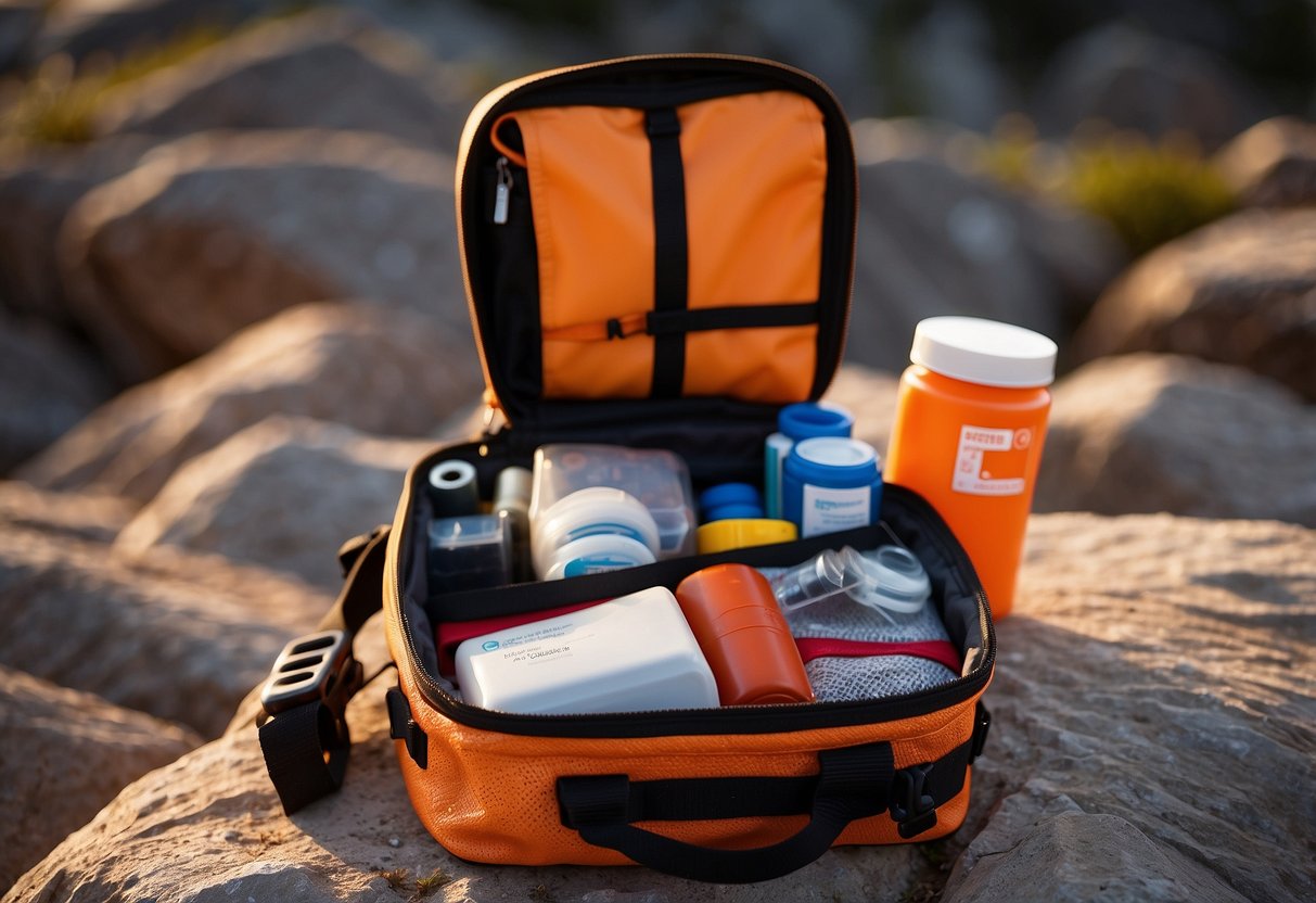 A compact first aid kit sits atop a rocky cliff, surrounded by climbing gear. The sun sets in the background, casting a warm glow over the scene