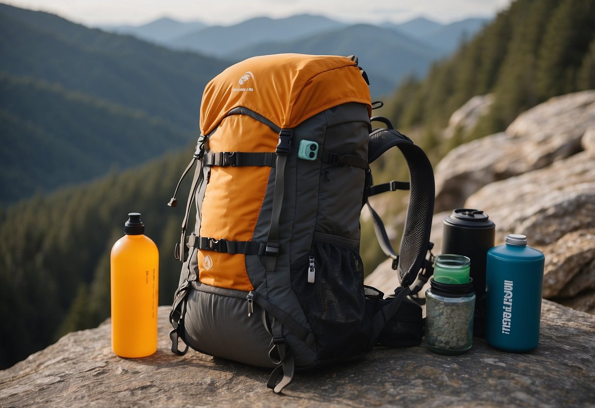 A backpack lies open on a rocky ledge, revealing the Adventure Medical Kits Ultralight 5. Climbing gear is scattered around, with the kit prominently displayed