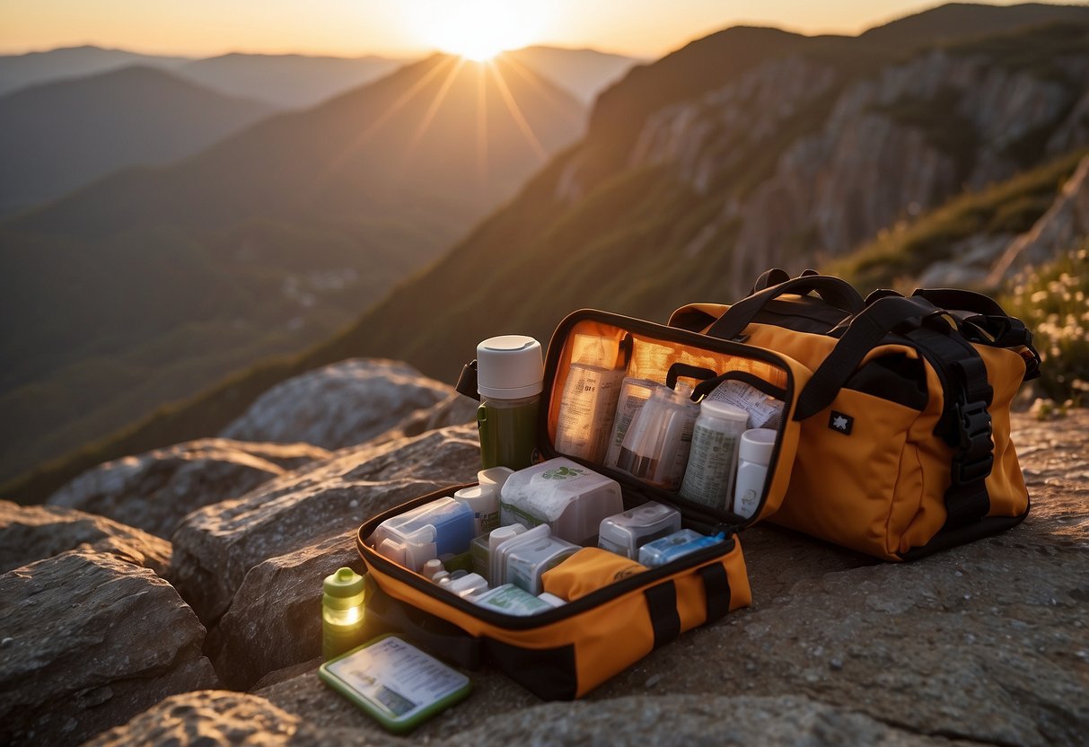 A compact first aid kit sits atop a rocky cliff, with climbing gear scattered around. The sun sets in the background, casting a warm glow on the rugged terrain