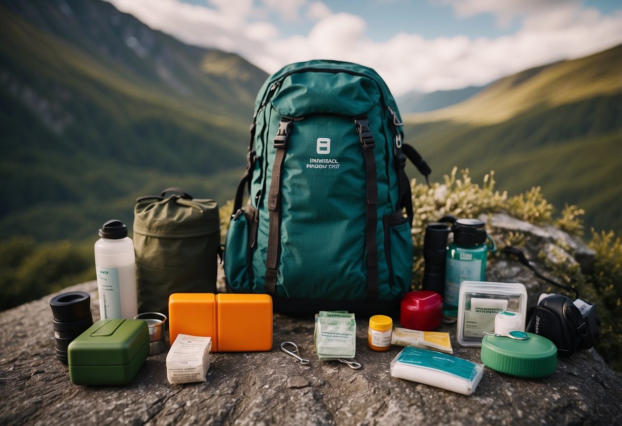 A hiker's backpack open, revealing a compact first aid kit with essential supplies for climbing. The kit is lightweight and designed for mountain series adventures