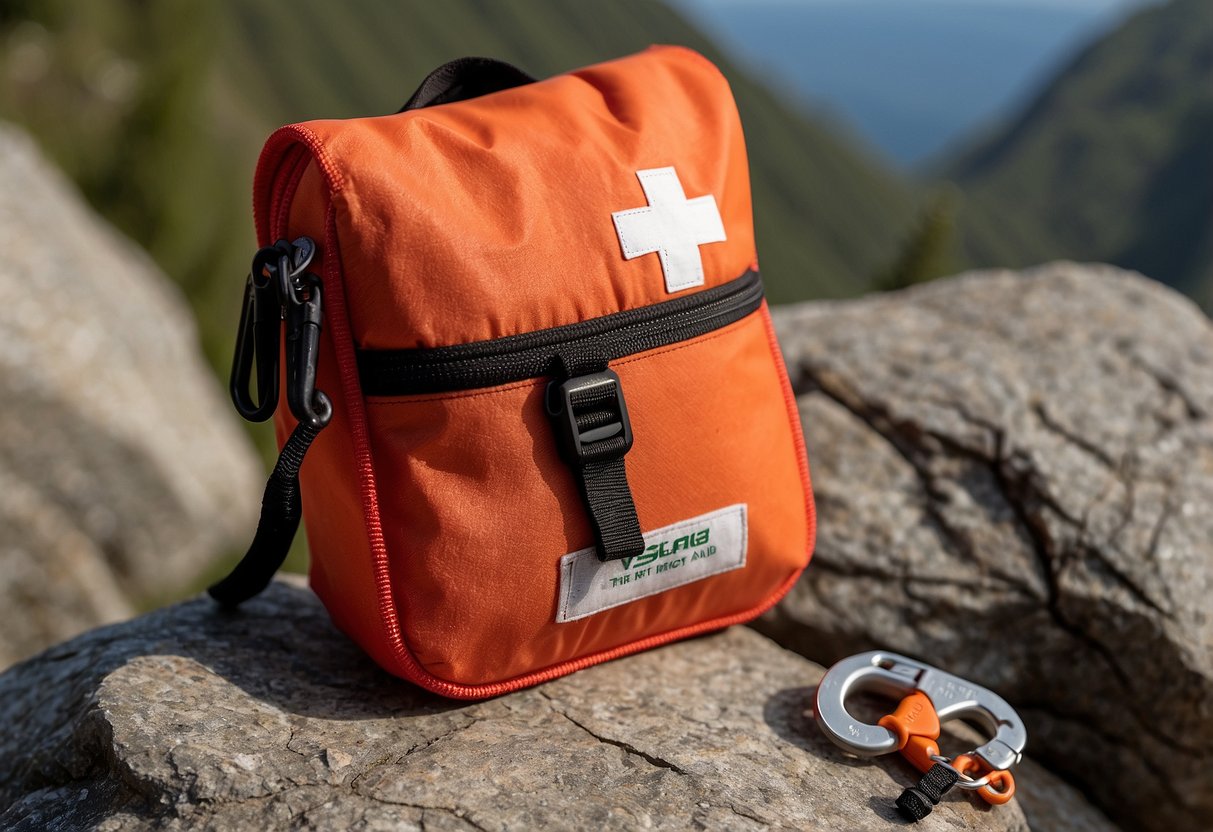 The VSSL First Aid Mini kit sits atop a rocky ledge, with carabiners and climbing rope nearby. The compact, lightweight design is perfect for any climbing adventure