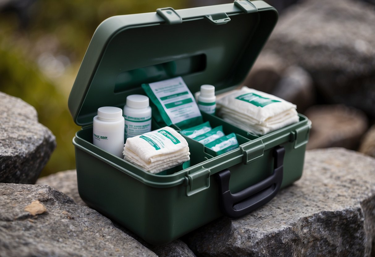 A compact first aid kit open on a rocky ledge, with bandages, antiseptic wipes, and emergency whistle spilling out