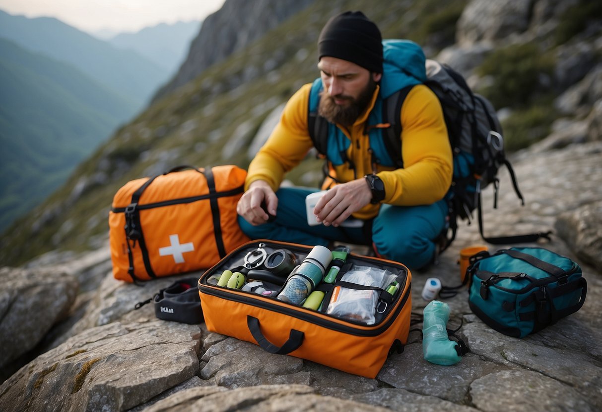 A climber unpacks a compact first aid kit on a rocky ledge, surrounded by climbing gear. The lightweight kit is easily portable for tackling challenging ascents