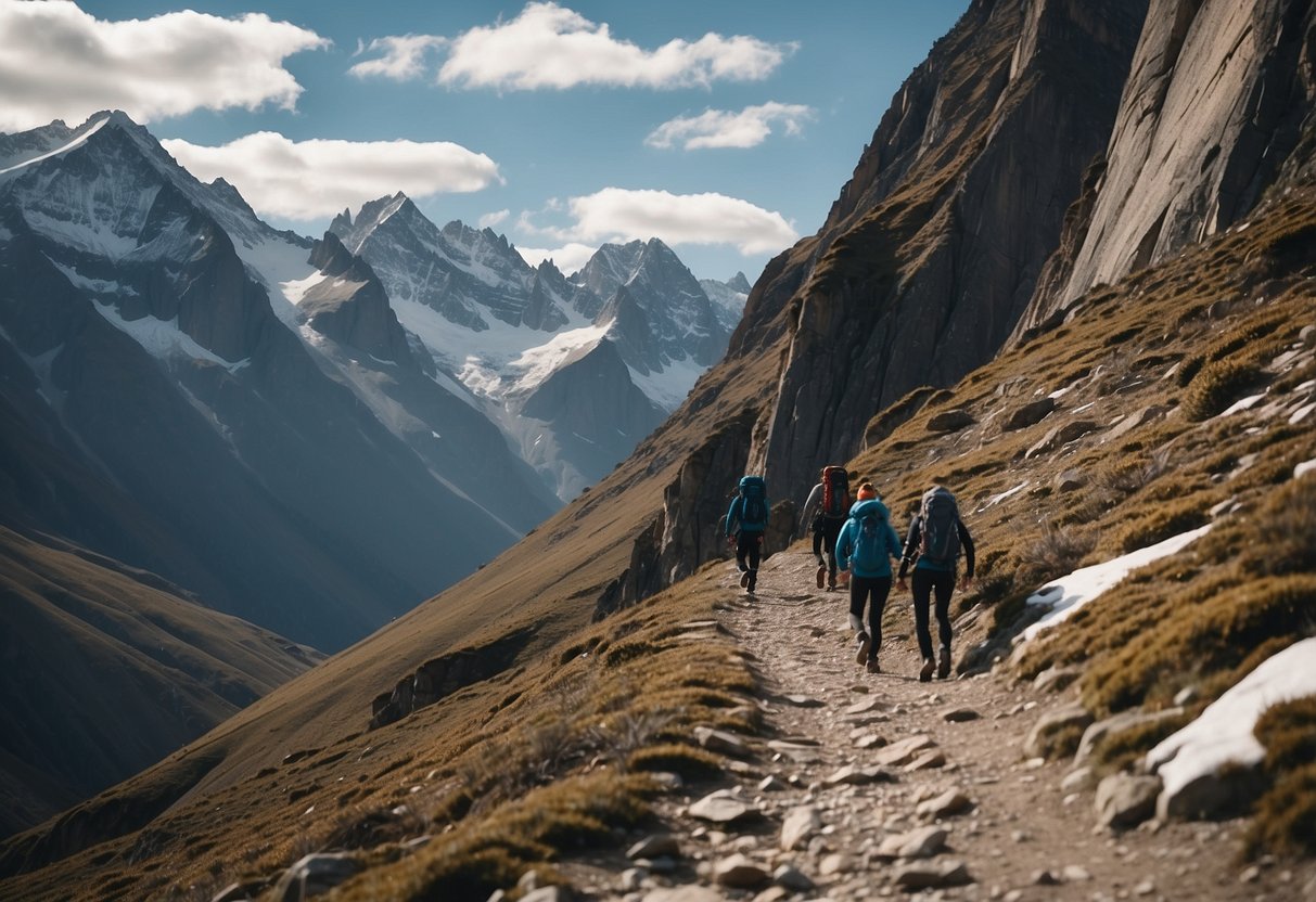 Snow-capped peaks towering over winding trails and jagged cliffs, with climbers navigating steep rock faces and icy ridges