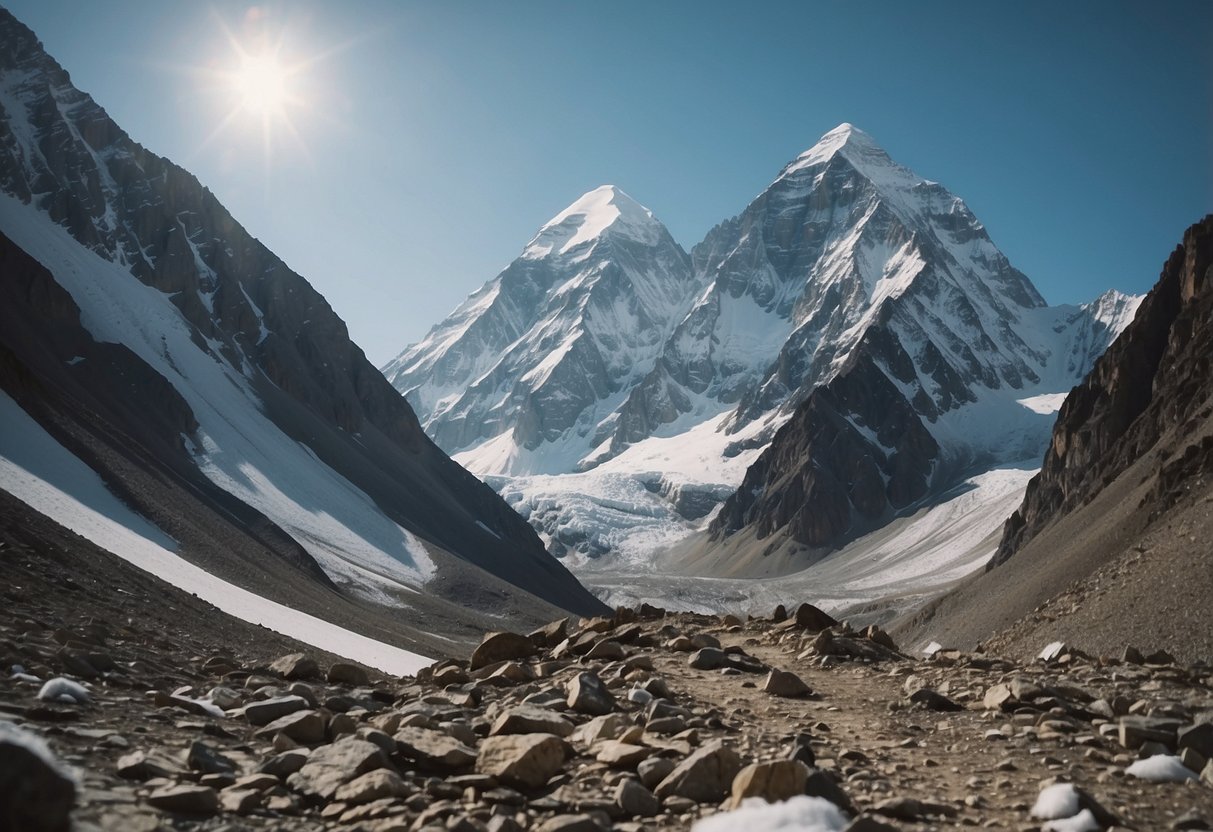 The East Ridge of K2 rises sharply, with jagged peaks and sheer cliffs. Snow and ice cling to the rugged terrain, creating a breathtakingly beautiful alpine landscape