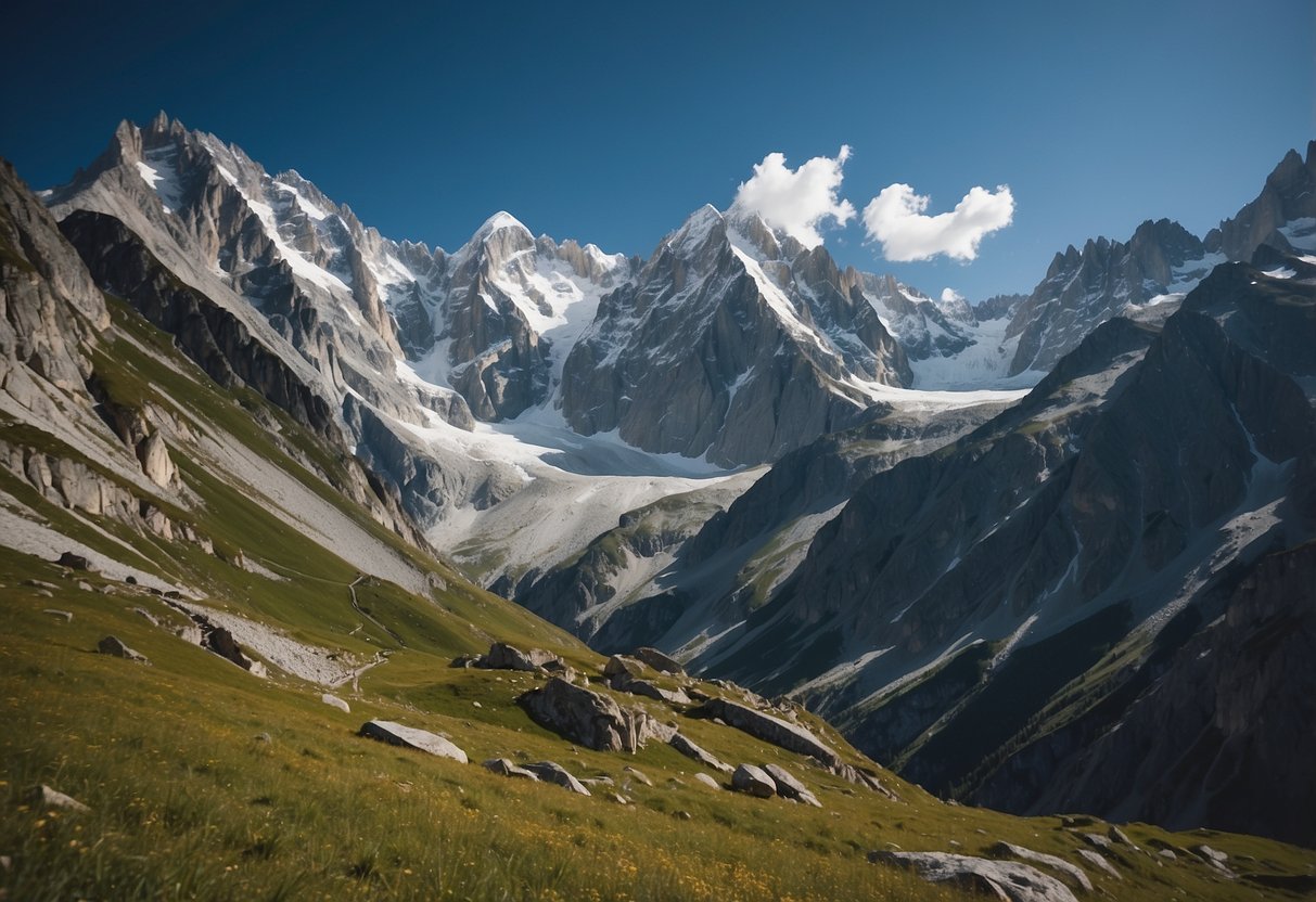 A towering mountain range, Grandes Jorasses, looms over the border of France and Italy, with rugged cliffs and snow-capped peaks creating a dramatic and awe-inspiring alpine landscape