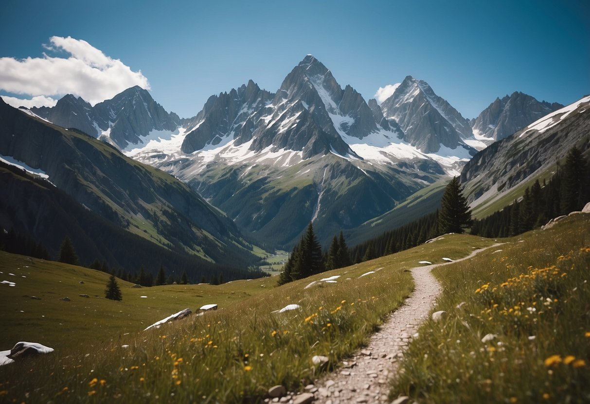 A serene alpine landscape with jagged peaks, snow-capped mountains, and winding trails. Clear blue skies and a sense of adventure in the air