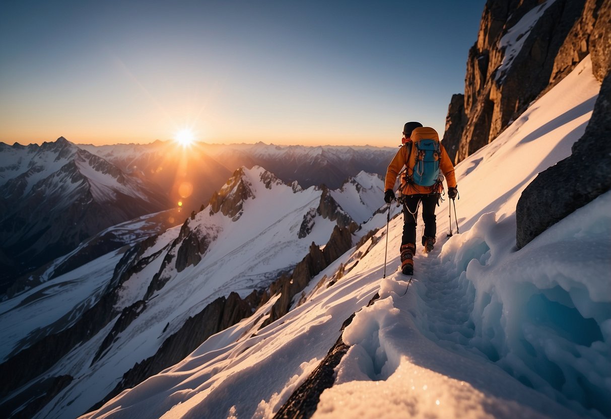 A climber scales a steep, snow-covered peak, using crampons and ice axes to navigate the rugged terrain. The sun sets behind the jagged mountain peaks, casting a warm glow over the breathtaking alpine landscape