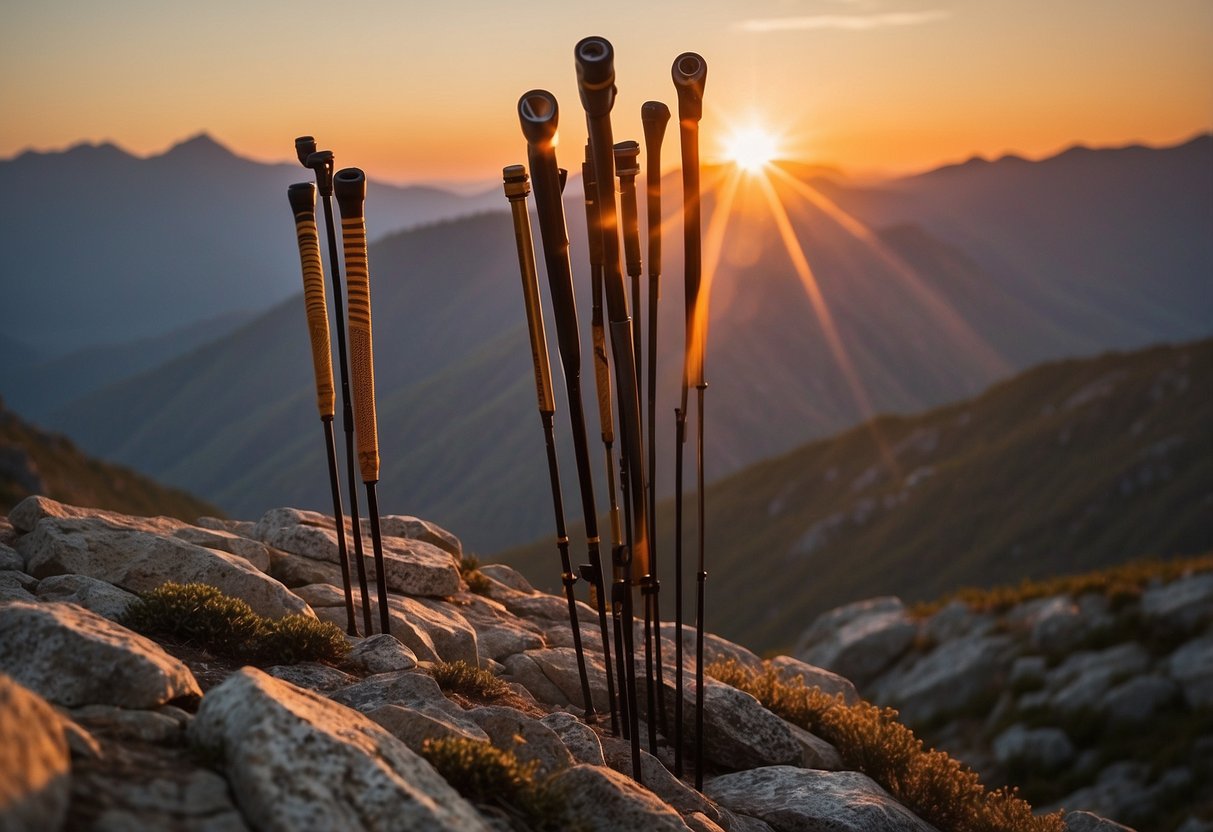 The sun sets behind a rugged mountain peak, casting a warm glow on a set of five sleek and lightweight climbing rods arranged neatly against a rocky outcrop