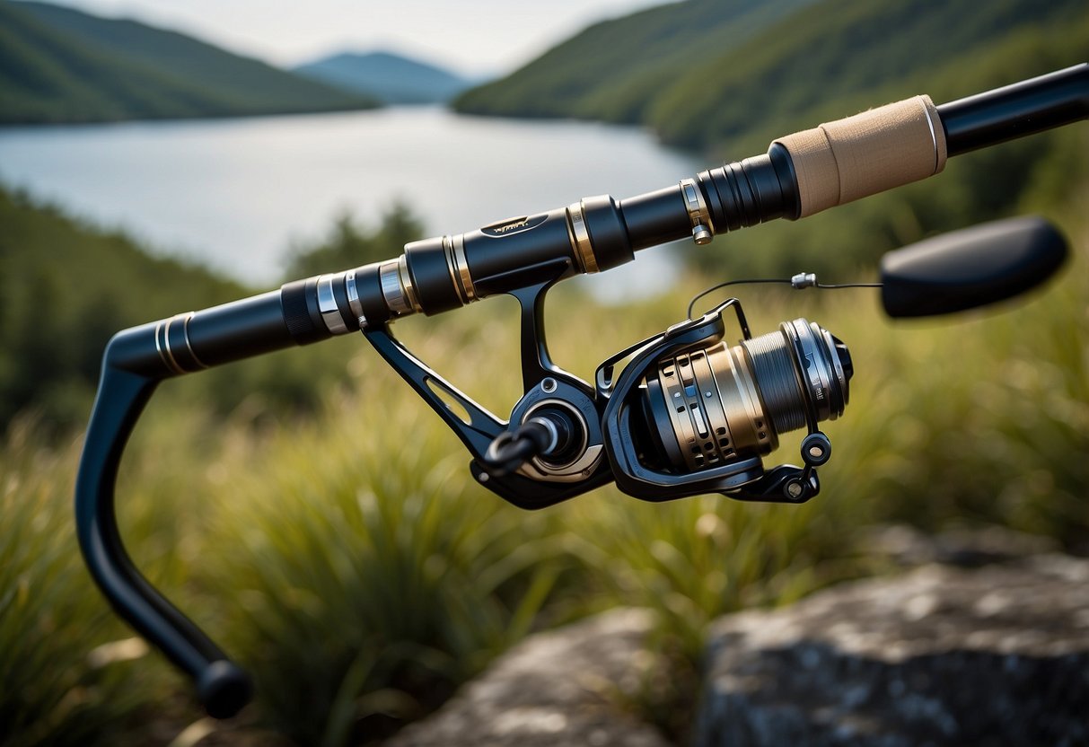 A fishing rod, the St. Croix Triumph Travel Spinning Rod, is set against a backdrop of lightweight climbing rods