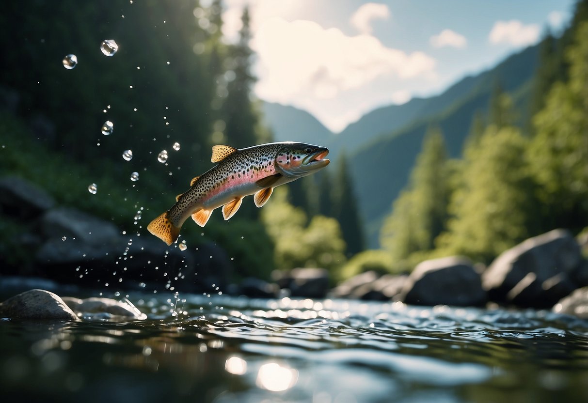 A serene mountain stream with a trout jumping out of the water, surrounded by lush greenery and the silhouette of a lightweight fishing rod against the sky