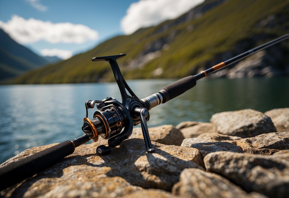 A fishing rod, Ugly Stik Elite Spinning, stands against a rocky backdrop with other lightweight climbing rods