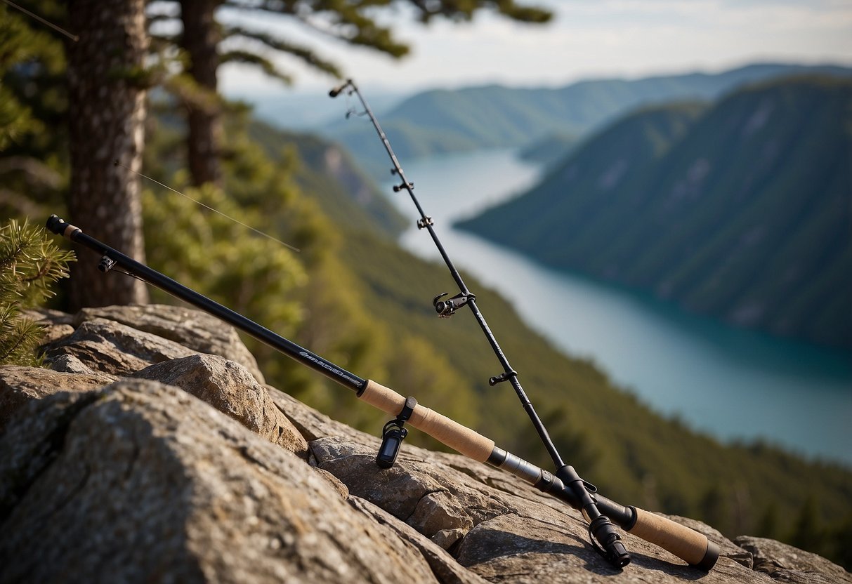 A fishing rod, Shimano Solora 2-piece spinning rod, rests against a rocky cliff. Nearby, 5 lightweight climbing rods lean against a tree