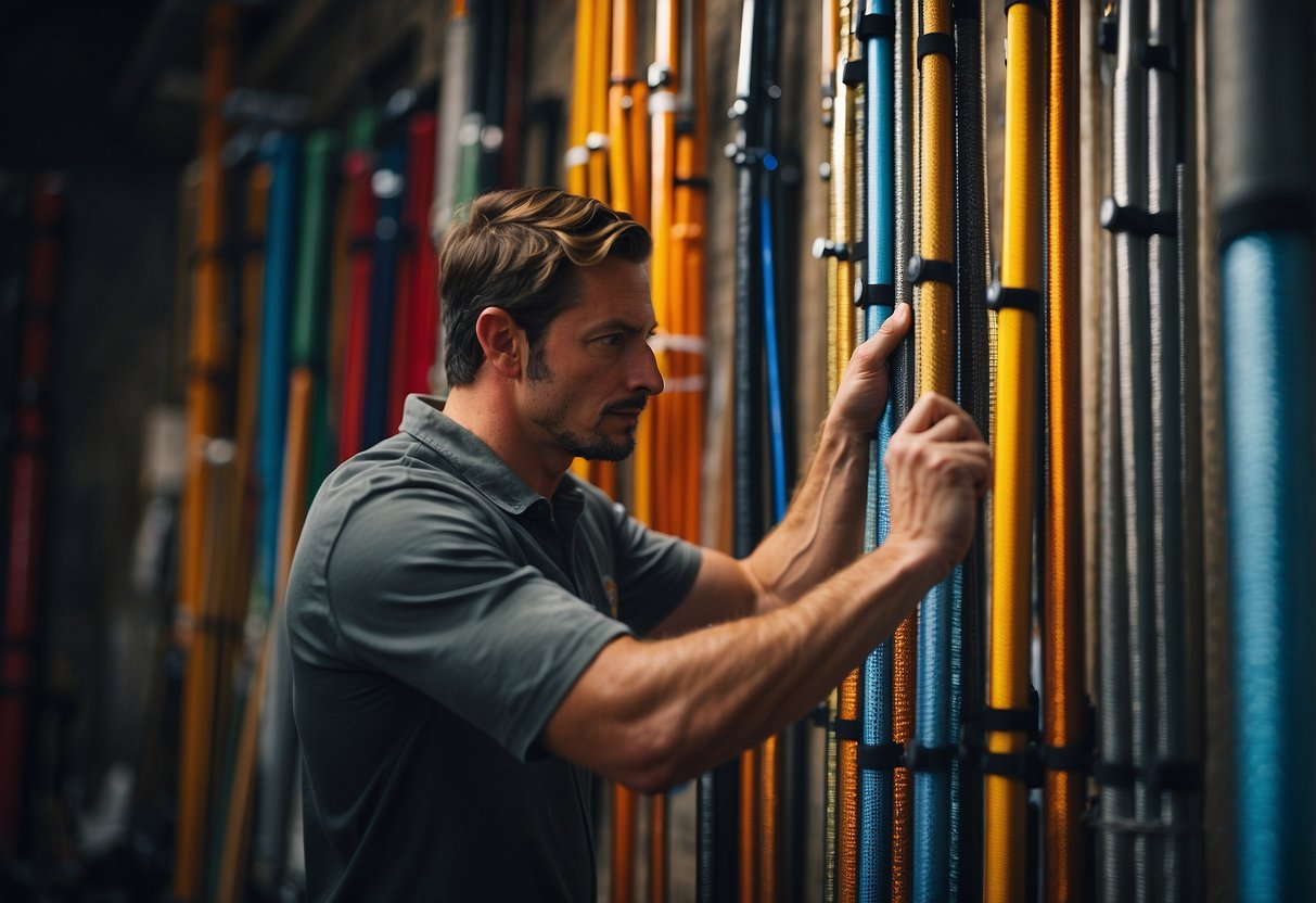 A climber carefully selects a lightweight climbing rod from a display of five top options, examining each one closely for its features and durability