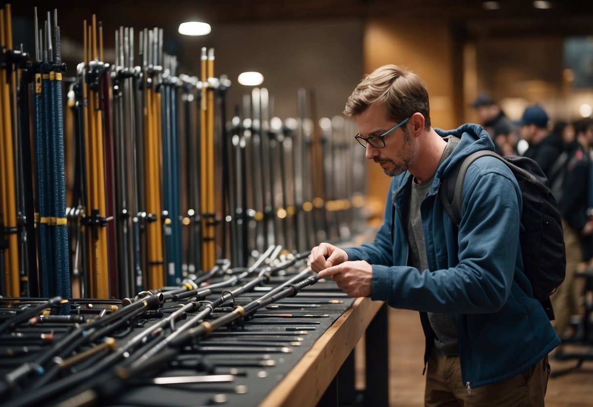 A mountain climber carefully examines lightweight climbing rods, comparing weight, length, and flexibility. Five top choices are displayed nearby