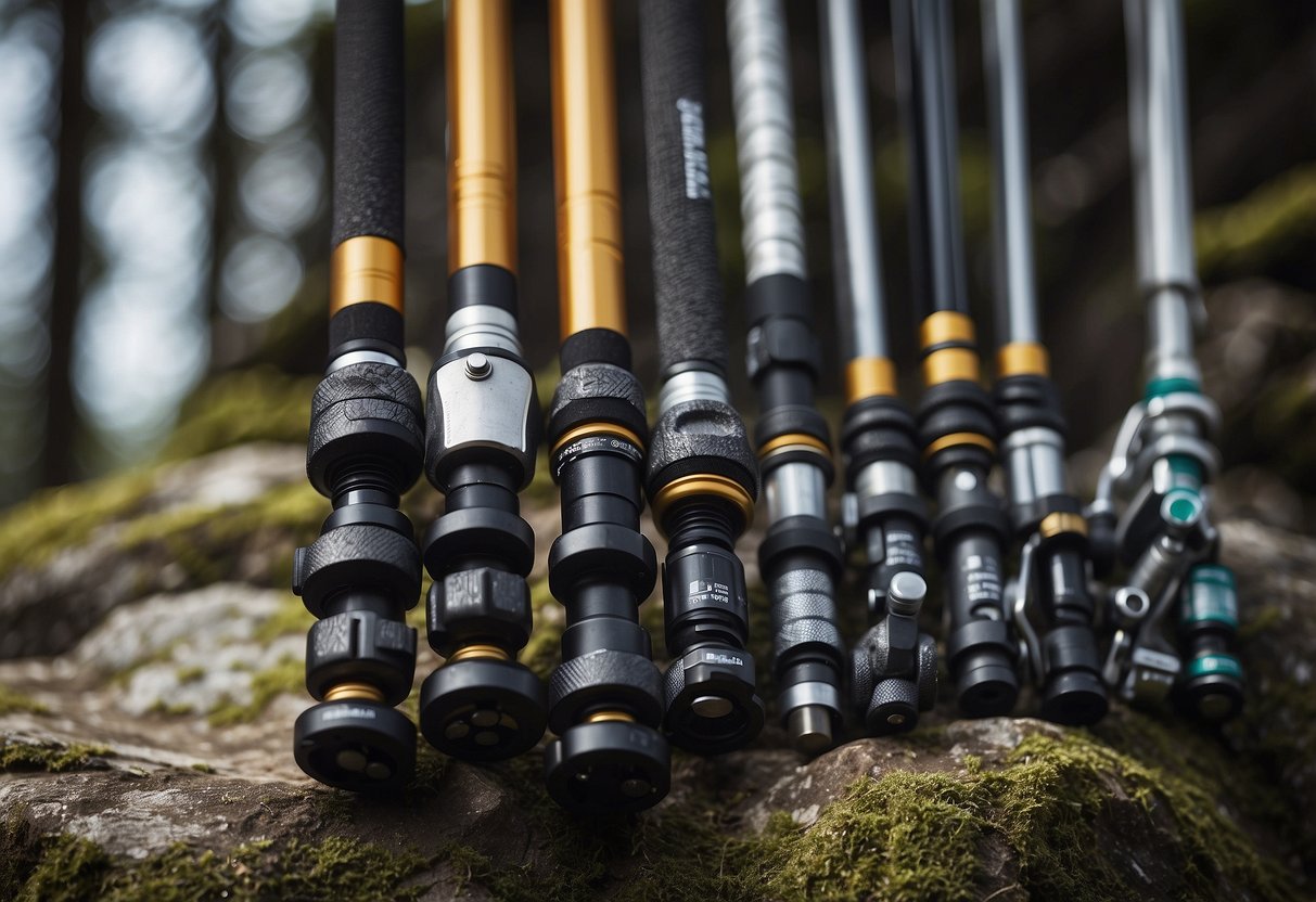 Five lightweight climbing rods arranged neatly with maintenance tools nearby. A manual with maintenance tips lies open next to them