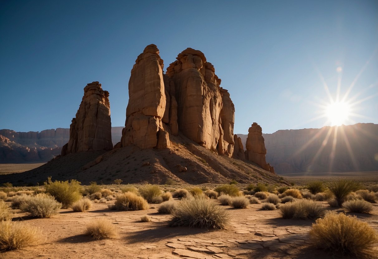 Rock formations rise sharply in the desert, casting dramatic shadows. Sunlight illuminates the rugged terrain, creating a challenging and breathtaking landscape for climbers